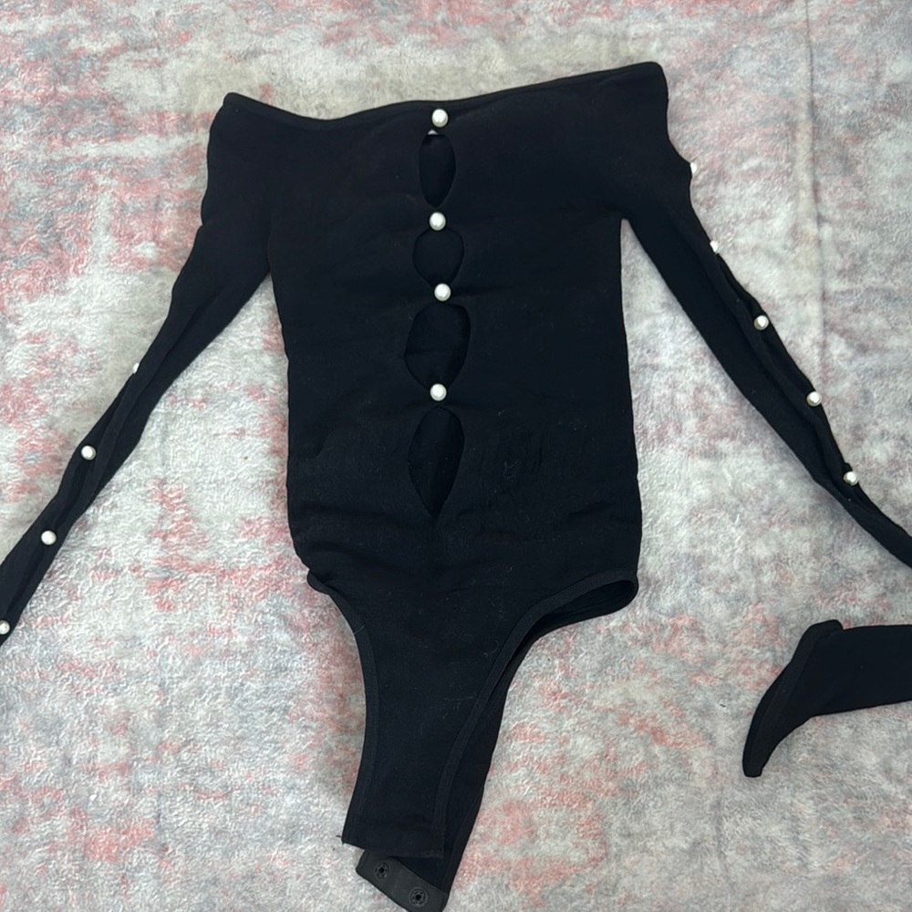 Black Off-Shoulder Bodysuit with Pearl Accents